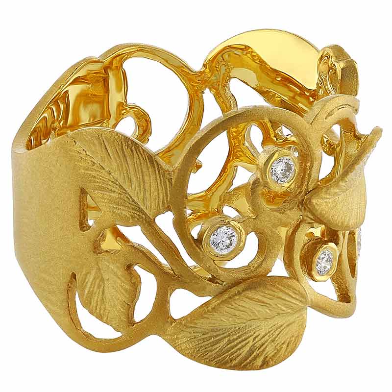 Marika Yellow Gold Leaf & Open Scrollwork Pattern Ring with Diamonds