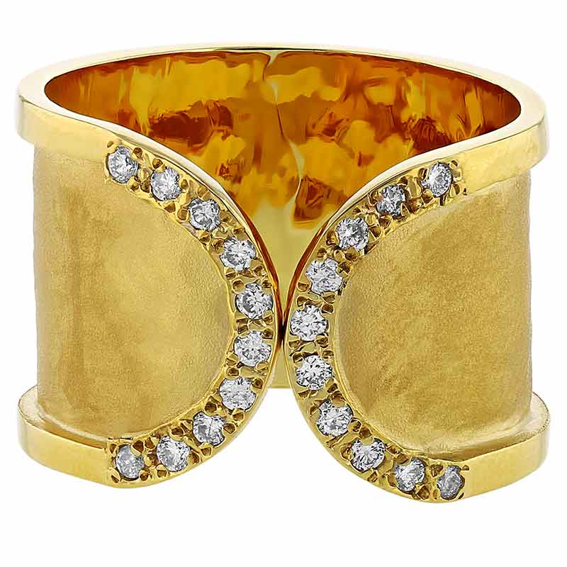 Marika Yellow Gold Hammered Cuff Ring with Diamonds
