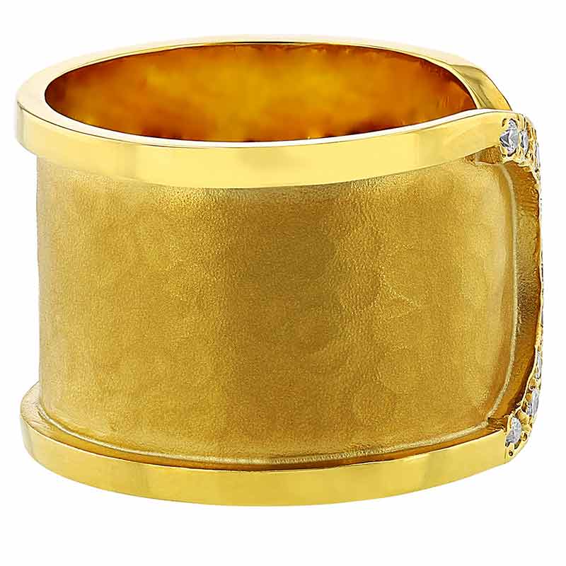 Marika Yellow Gold Hammered Cuff Ring with Diamonds