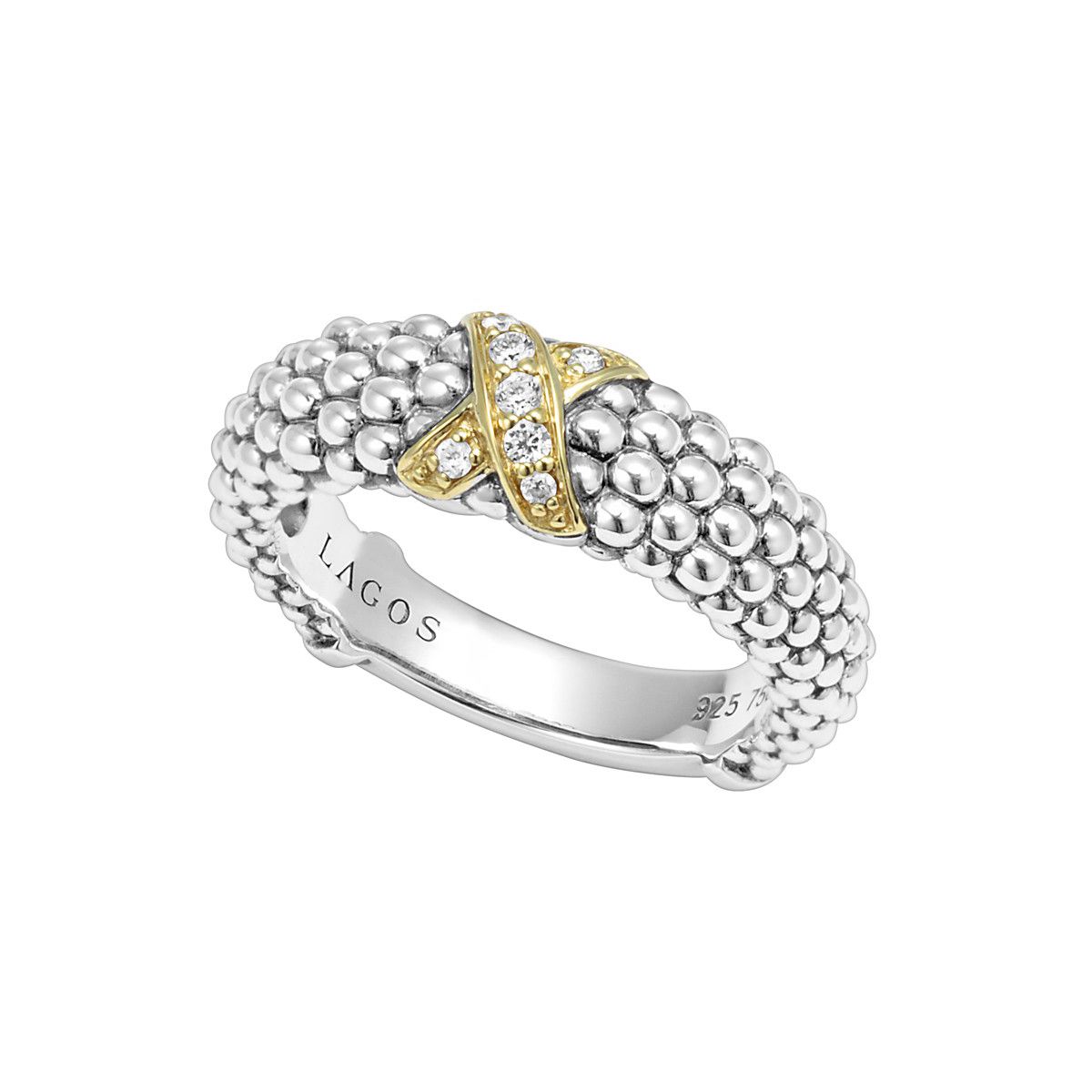 LAGOS Sterling Silver & 18K Yellow Gold Round Diamond Lux Caviar Ring, Size 7