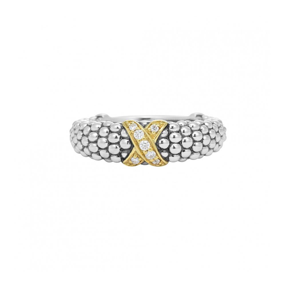 LAGOS Sterling Silver & 18K Yellow Gold Round Diamond Lux Caviar Ring, Size 7