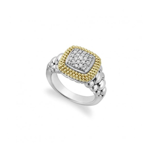 LAGOS 18K Yellow Gold Halo & Sterling Silver Diamond Caviar Square Tapered Ring, Size 7