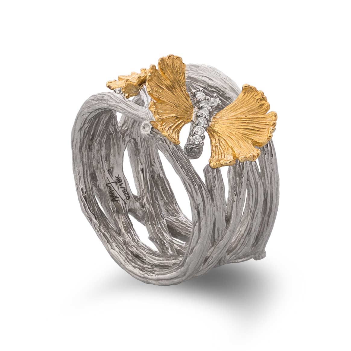 Michael Aram Sterling Silver & 18K Yellow Gold Diamond Butterfly Ginkgo Twig Ring