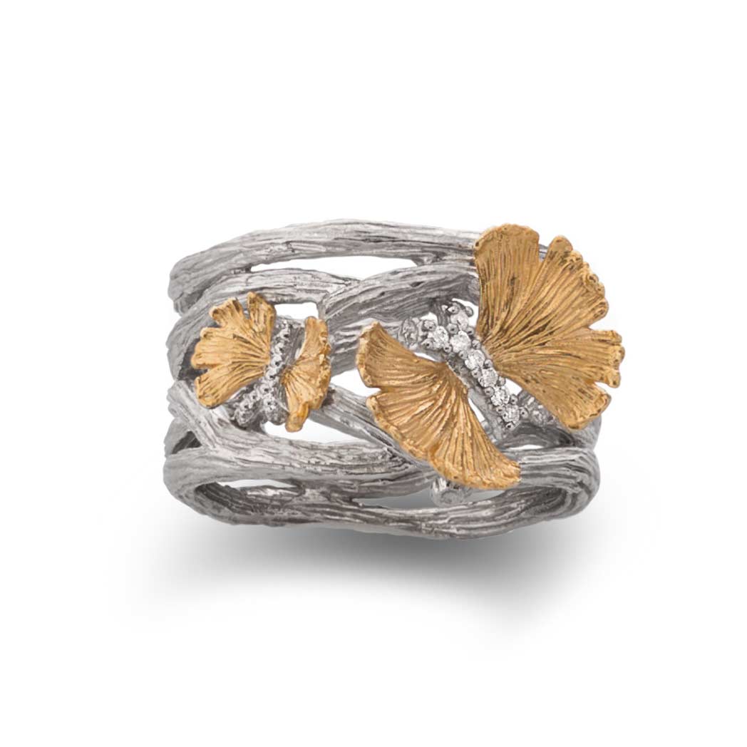 Michael Aram Sterling Silver & 18K Yellow Gold Diamond Butterfly Ginkgo Twig Ring