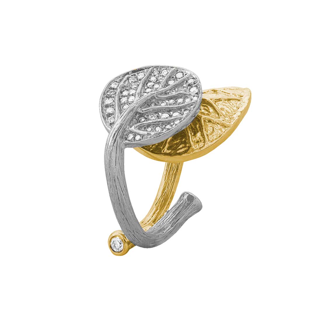 Michael Aram Botanical Leaf Double Bypass Ring with Diamonds in Sterling Silver & Yellow Gold
