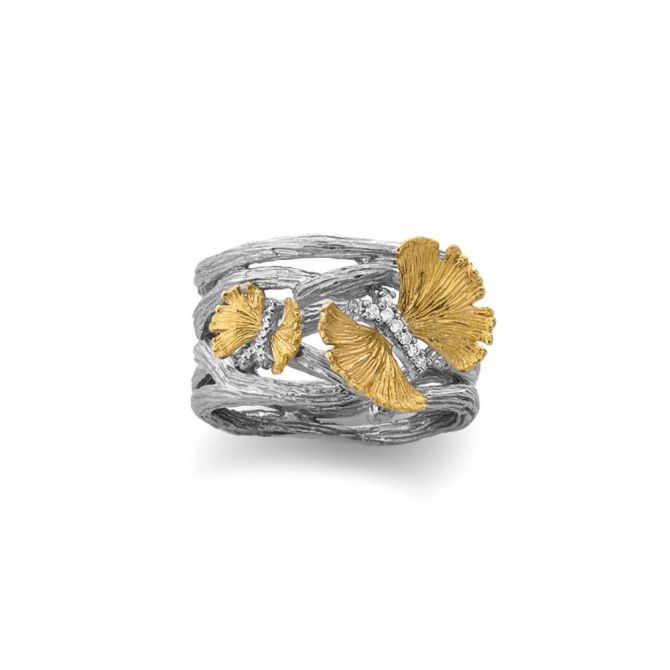 Michael Aram Butterfly Ginkgo Wrap Ring with Diamonds in Sterling Silver & Yellow Gold