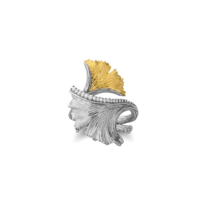 Michael Aram Butterfly Ginkgo Bypass Ring in Sterling Silver & Yellow Gold with Diamonds