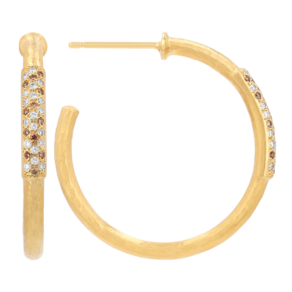 Marika Yellow Gold Open Hoop Earrings with Brown and White Diamond Pave