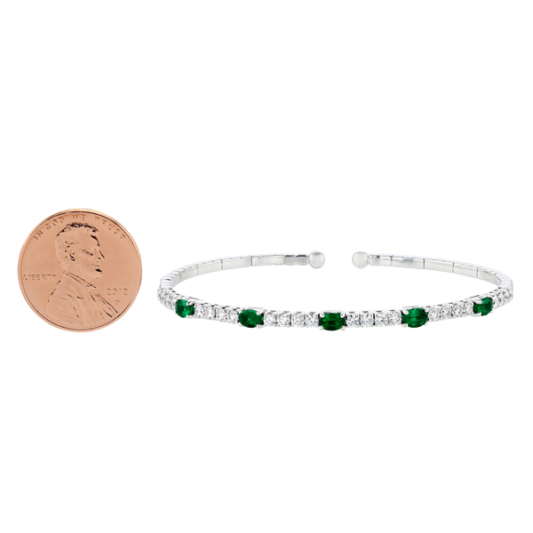 18K White Gold Oval Emerald & Diamond Bangle Bracelet