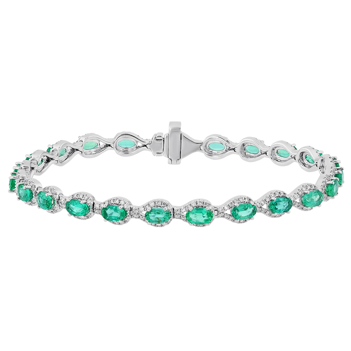 14K White Gold Oval Emerald & Diamond Teardrop Halo Bracelet, 7