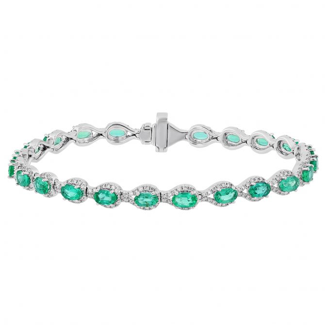 14K White Gold Oval Emerald & Diamond Teardrop Halo Bracelet, 7"