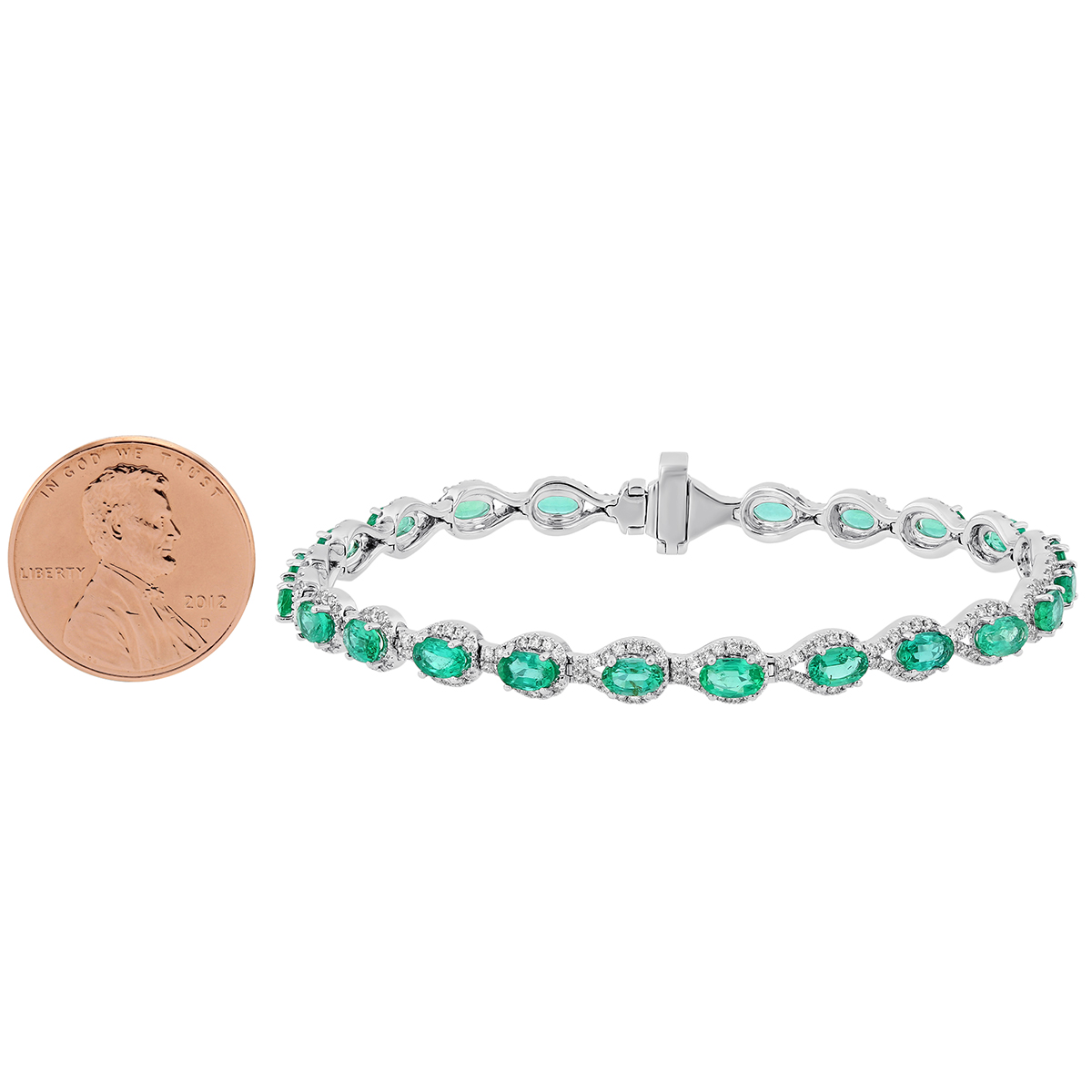 14K White Gold Oval Emerald & Diamond Teardrop Halo Bracelet, 7