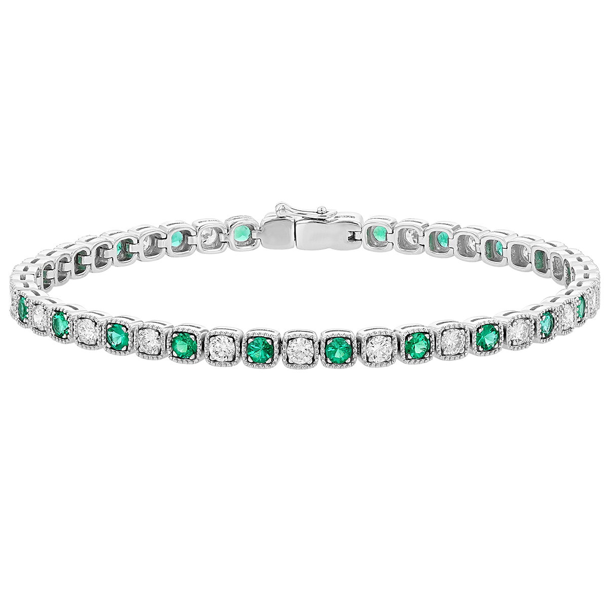 Emerald & Diamond Milgrain Tennis Bracelet in White Gold, 7
