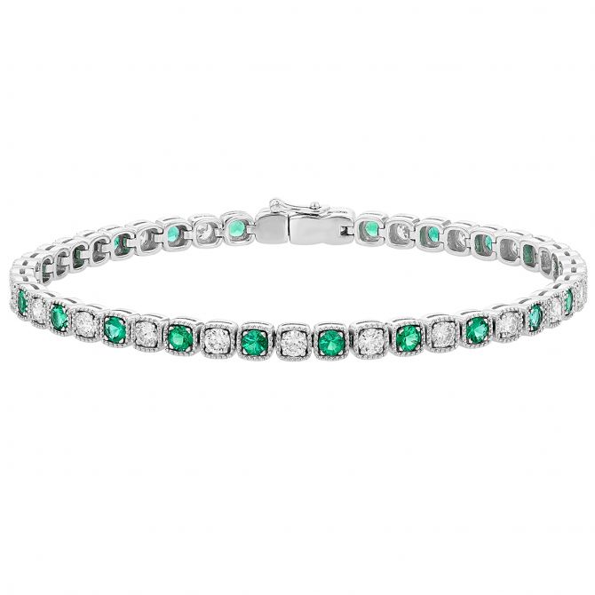Emerald & Diamond Milgrain Tennis Bracelet in White Gold, 7"