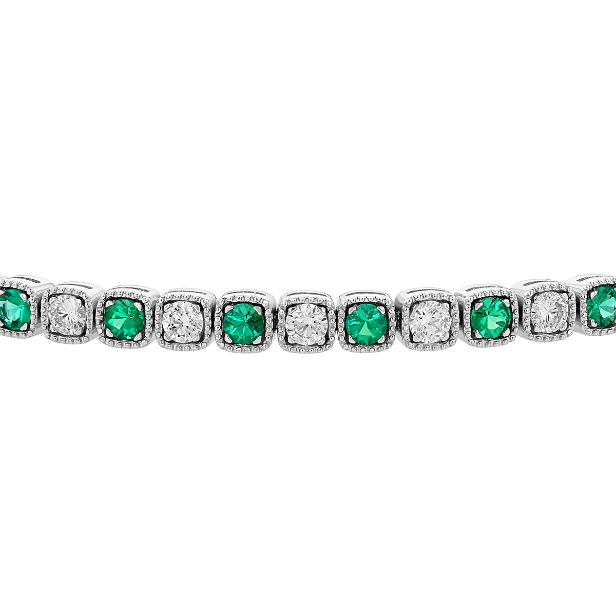 Emerald & Diamond Milgrain Tennis Bracelet in White Gold, 7