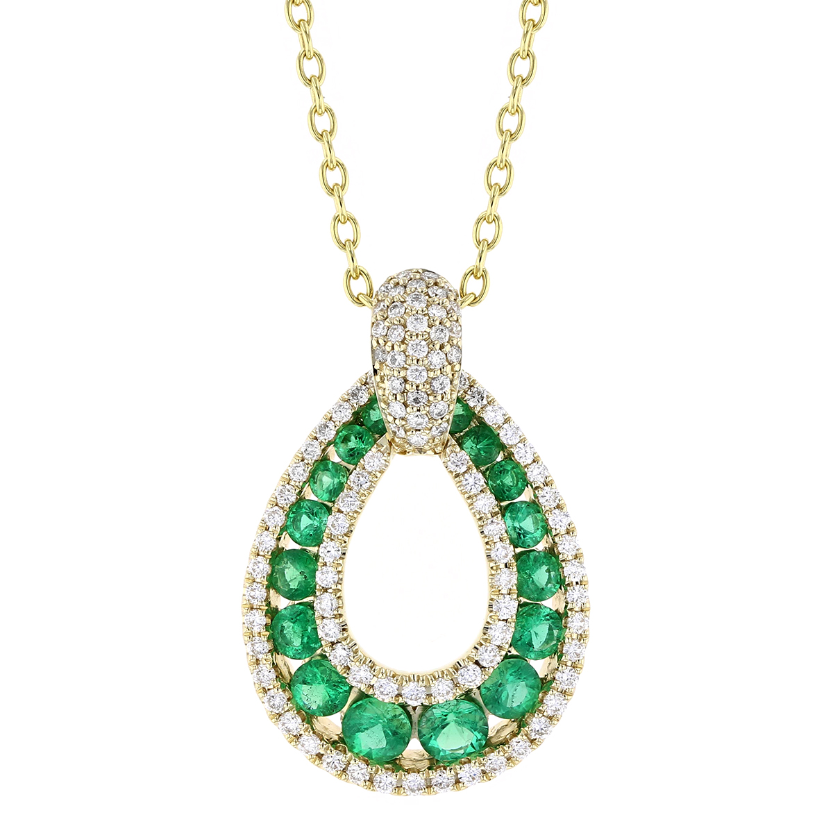 14K Yellow Gold Emerald & Diamond Open Teardrop Pendant, 18