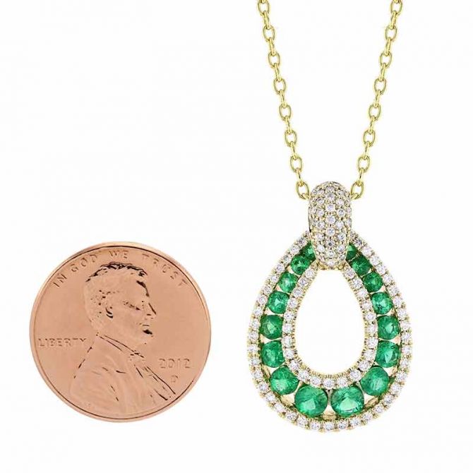 14K Yellow Gold Emerald & Diamond Open Teardrop Pendant, 18"