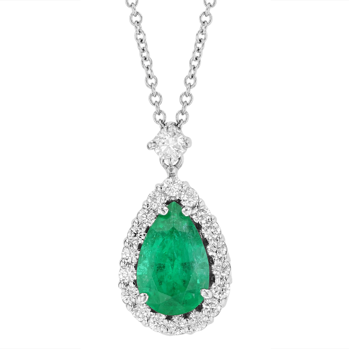 18K White Gold Pear Shaped Emerald & Diamond Halo Pendant