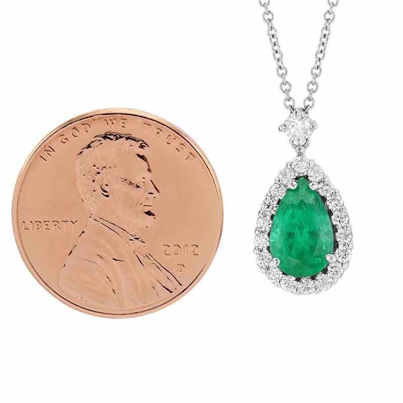 18K White Gold Pear Shaped Emerald & Diamond Halo Pendant