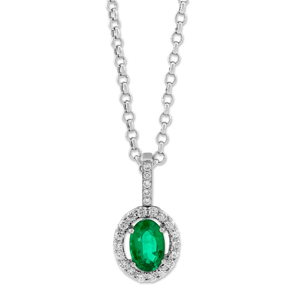 14K White Gold Oval Emerald & Diamond Pendant