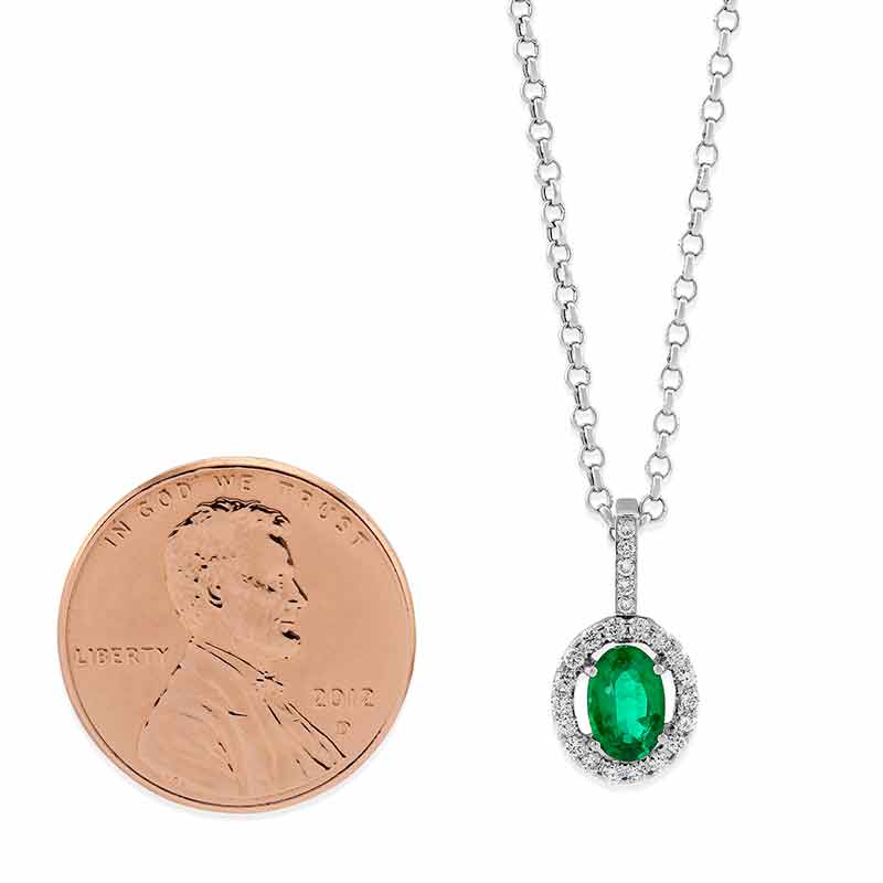14K White Gold Oval Emerald & Diamond Pendant