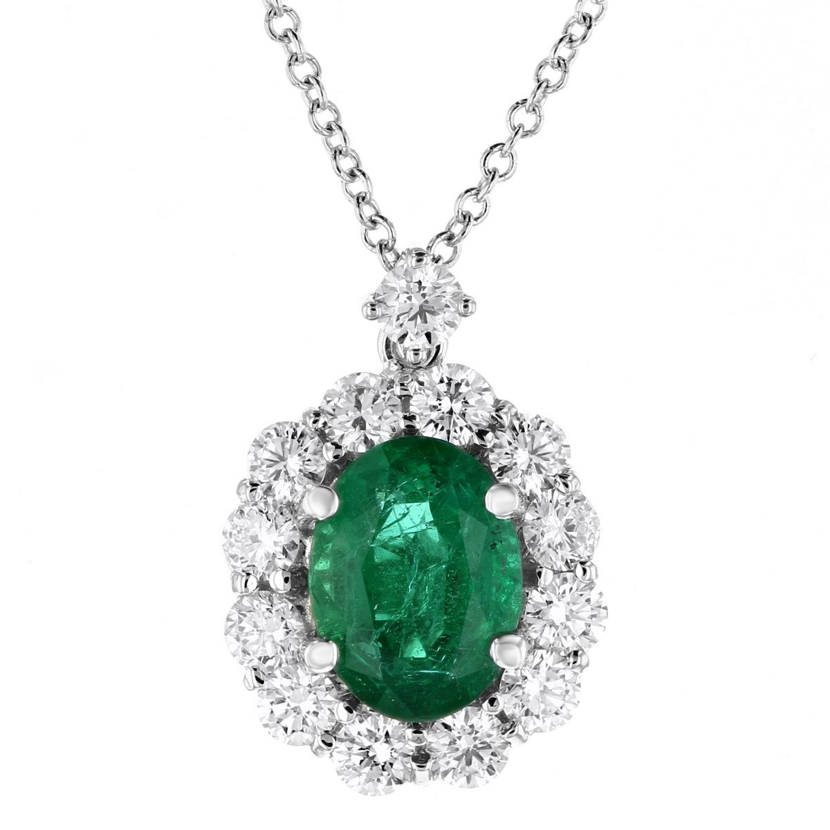 18K White Gold Oval Emerald & Diamond Halo Pendant, 16