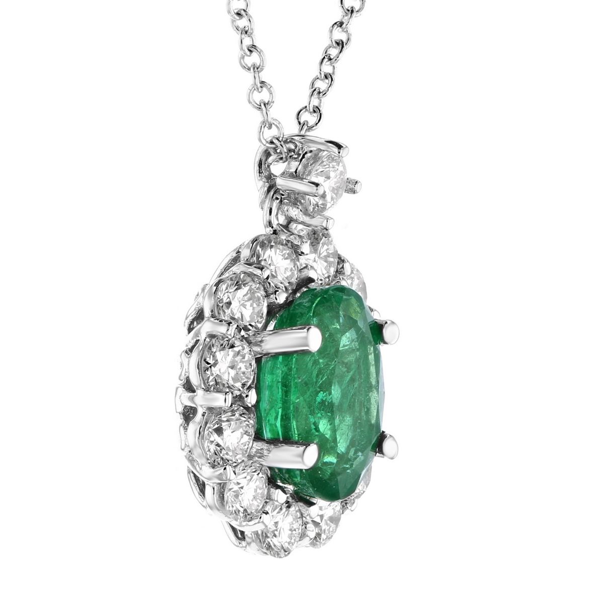 18K White Gold Oval Emerald & Diamond Halo Pendant, 16