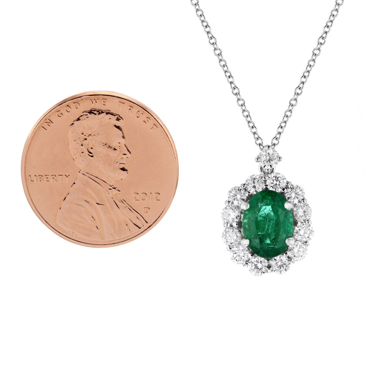 18K White Gold Oval Emerald & Diamond Halo Pendant, 16