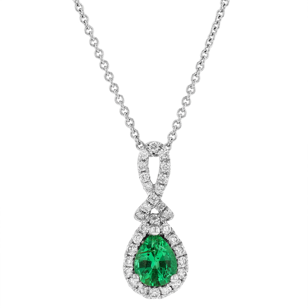 14K White Gold Pear Shaped Emerald & Diamond Pendant, 18