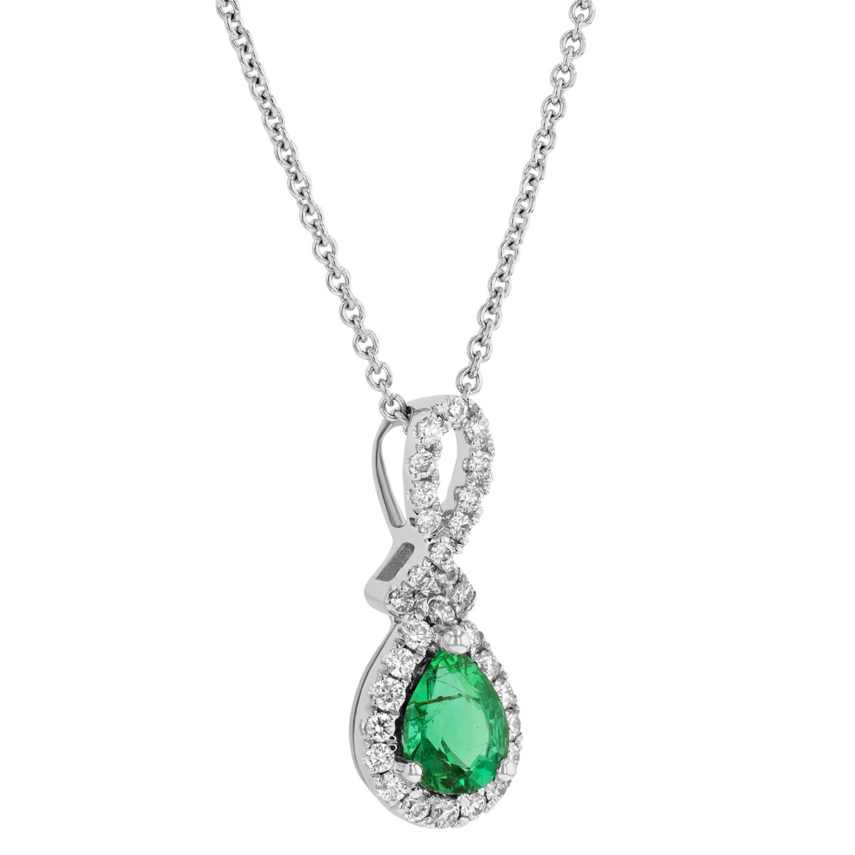 14K White Gold Pear Shaped Emerald & Diamond Pendant, 18
