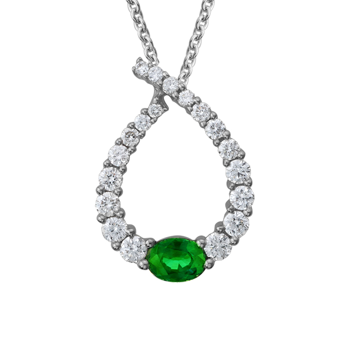 14K White Gold Emerald & Diamond Teardrop Pendant, 18