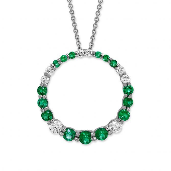 14K White Gold Emerald & Diamond Circle Pendant, 18"