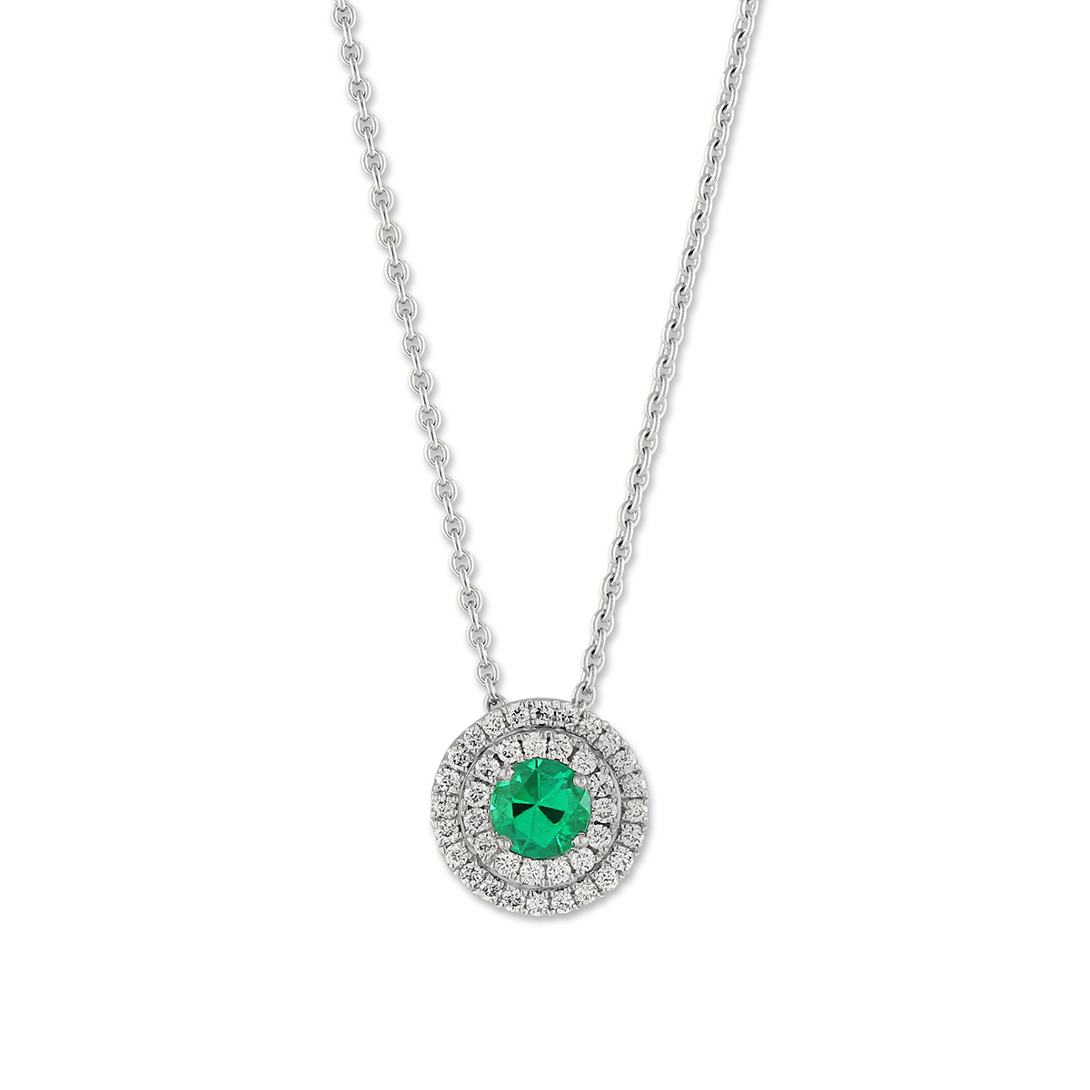18K White Gold Emerald & Diamond Double Halo Pendant, 17