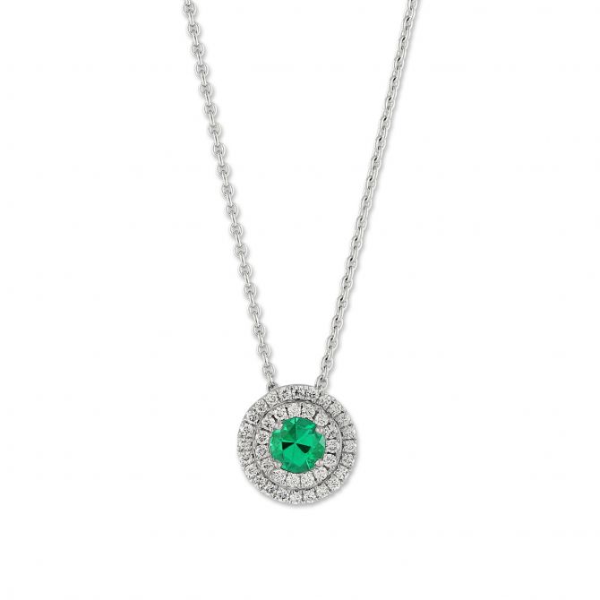 18K White Gold Emerald & Diamond Double Halo Pendant, 17"