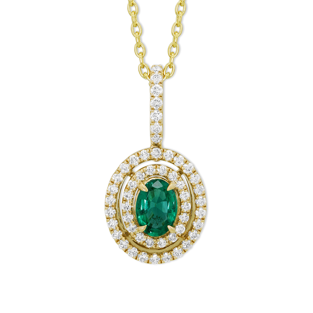 14K Yellow Gold Oval Emerald & Diamond Double Halo Pendant, 18