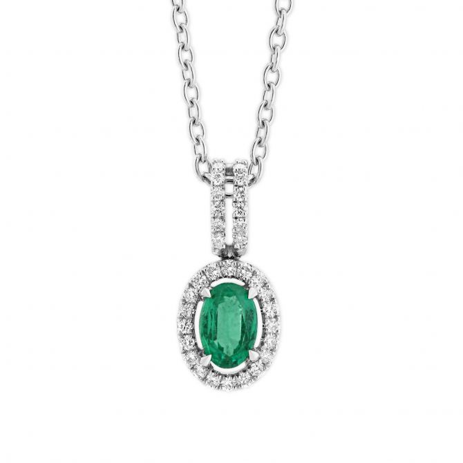 Oval Emerald & Diamond Halo Pendant Necklace in White Gold, 18"