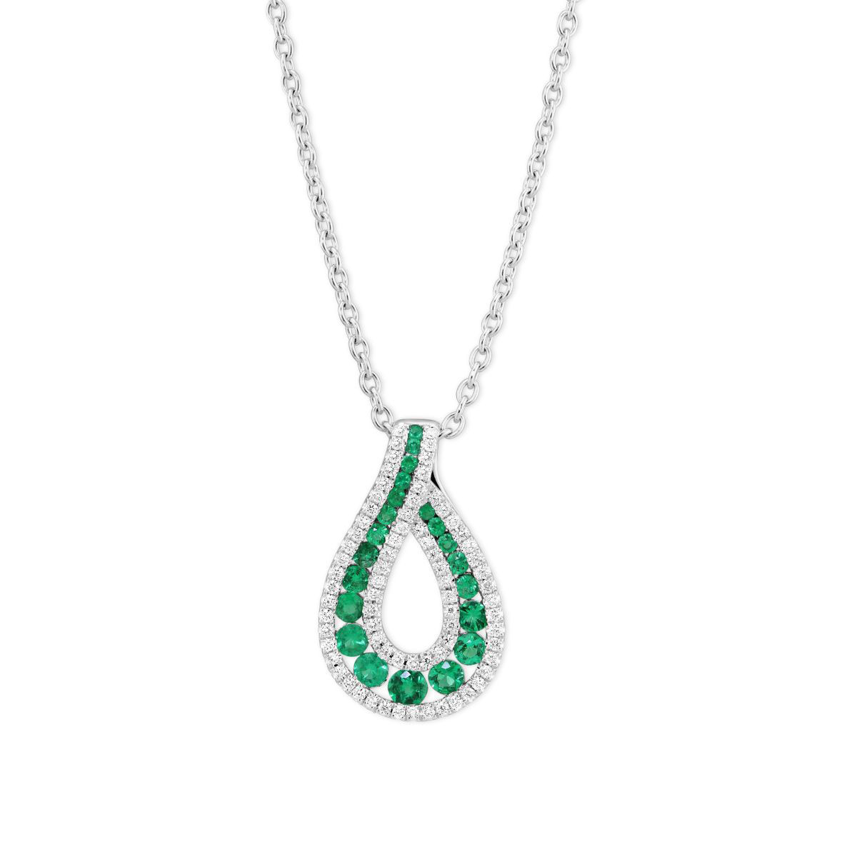 14K White Gold Round Emerald & Diamond Teardrop Pendant, 18
