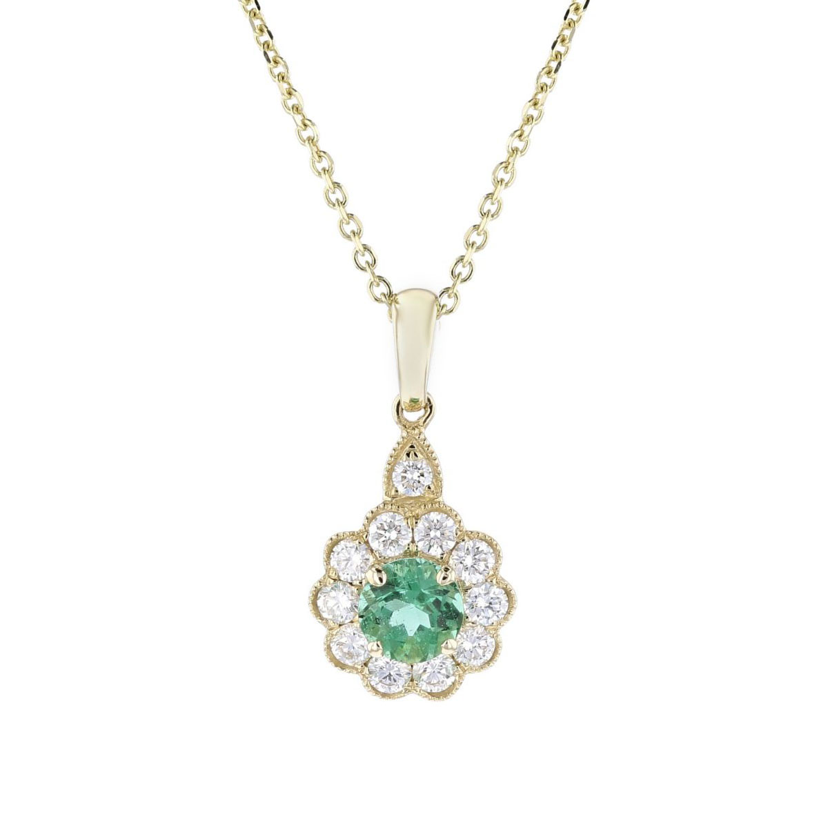 14K Yellow Gold Round Emerald & Diamond Flower Pendant, 18