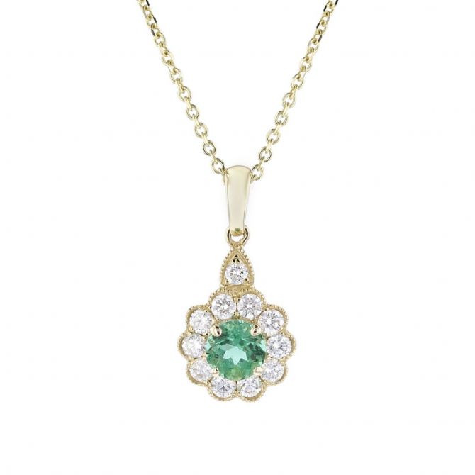 14K Yellow Gold Round Emerald & Diamond Flower Pendant, 18"