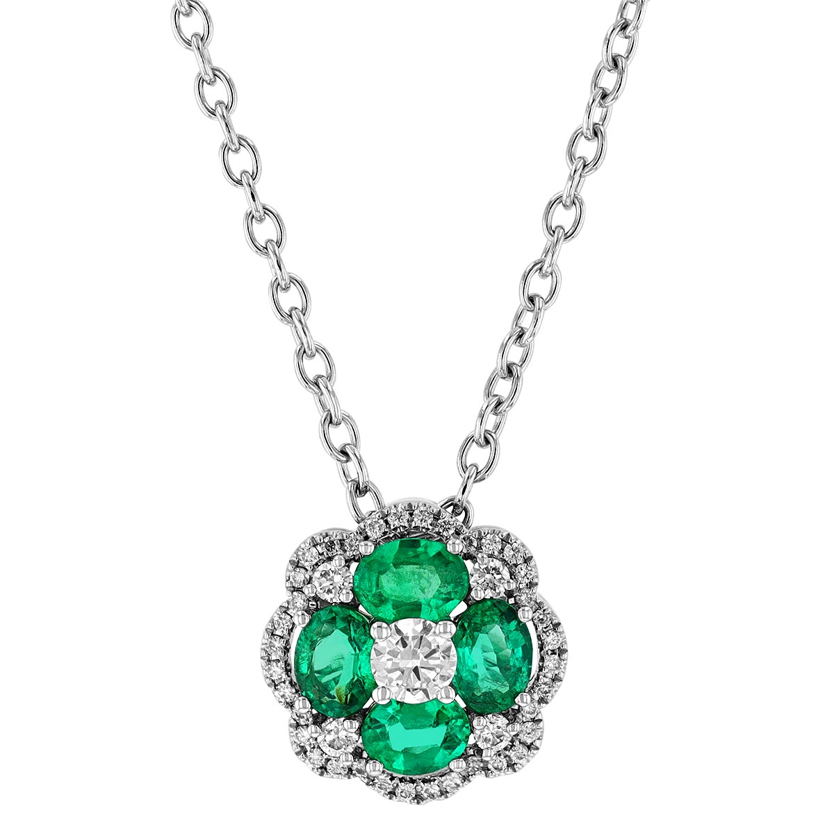 Emerald & Diamond Flower Pendant in White Gold, 18" Borsheims
