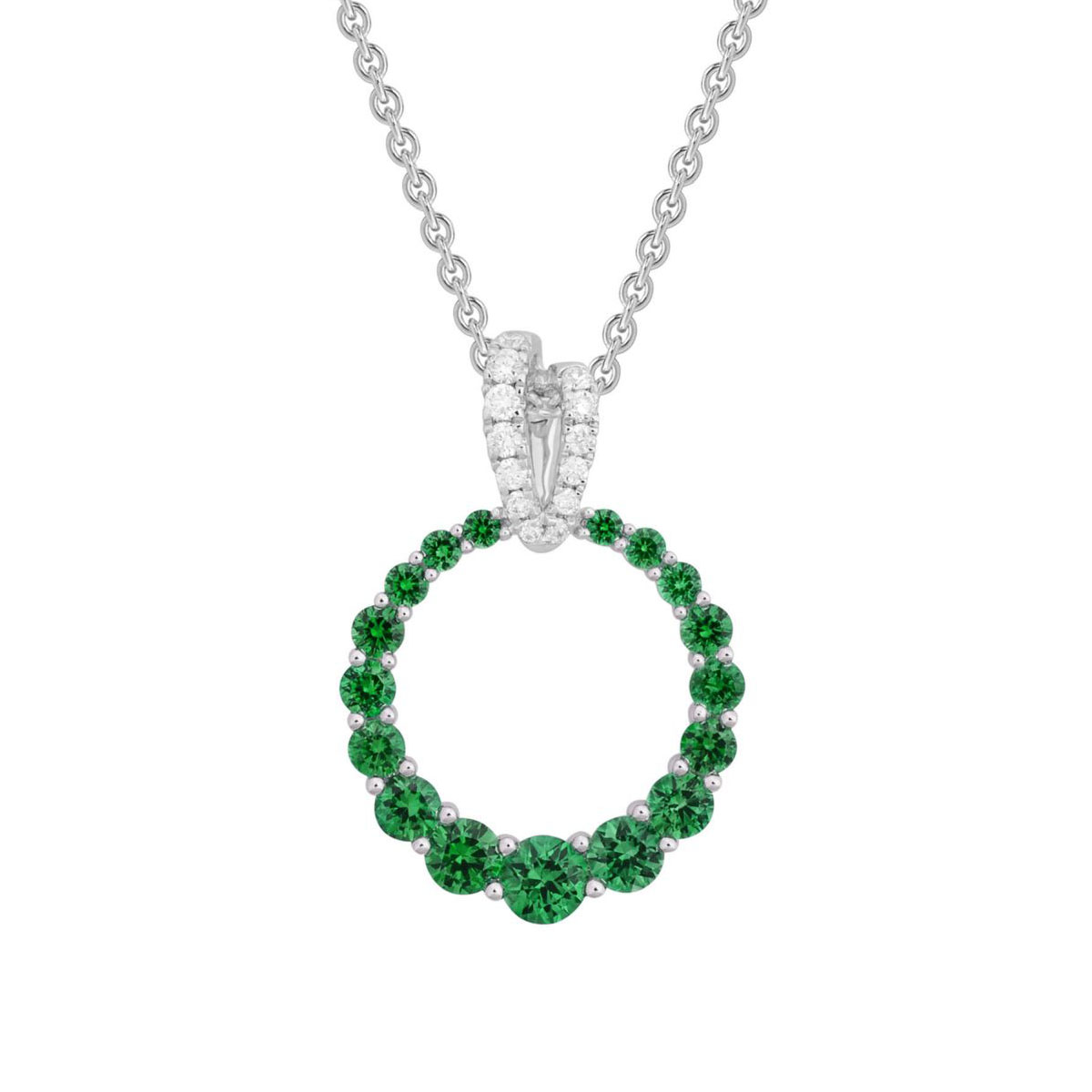 14K White Gold Emerald Open Graduated Circle Pendant with Diamond Bail, 18
