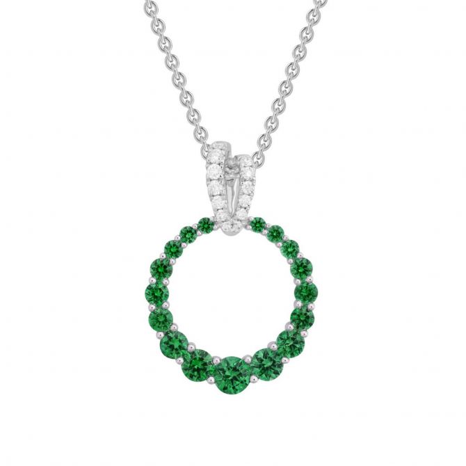 14K White Gold Emerald Open Graduated Circle Pendant with Diamond Bail, 18"