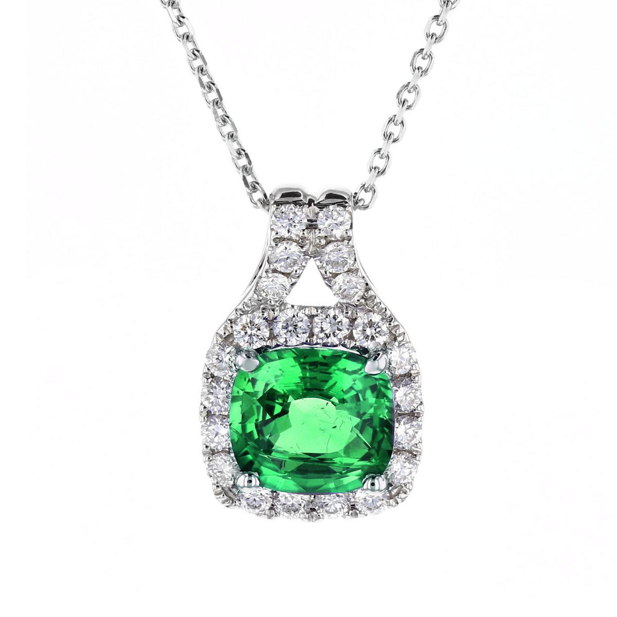 14K White Gold Cushion Emerald & Diamond Frame Pendant, 18