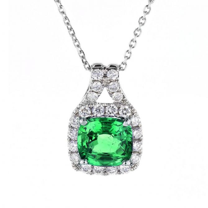 14K White Gold Cushion Emerald & Diamond Frame Pendant, 18"