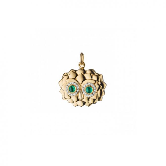 Monica Rich Kosann "Wisdom" Owl Head Charm with Cabochon Emerald & Diamond in Yellow Gold