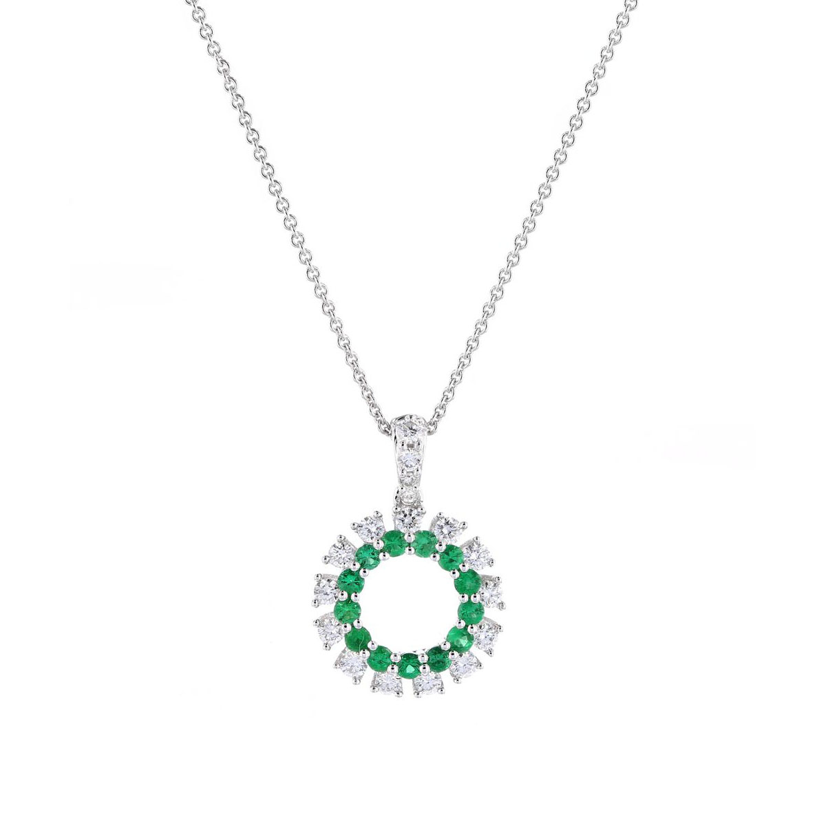 Emerald & Diamond Dangle Pendant in White Gold, 18