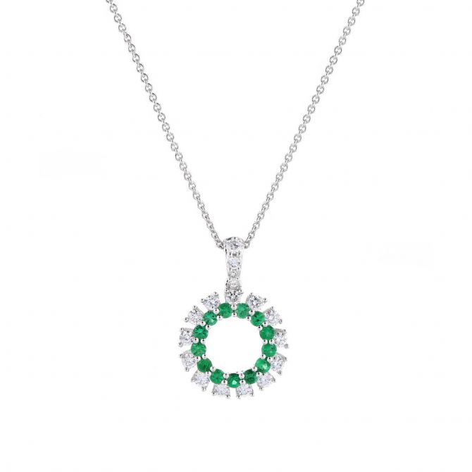 Emerald & Diamond Dangle Pendant in White Gold, 18"