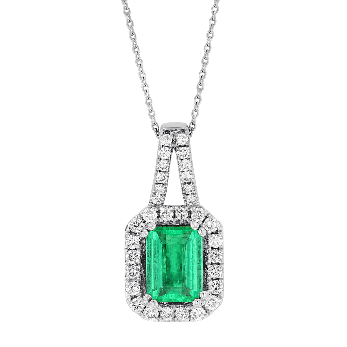 14K White Gold Emerald Cut Emerald Pendant with Diamond Frame & Bail ...