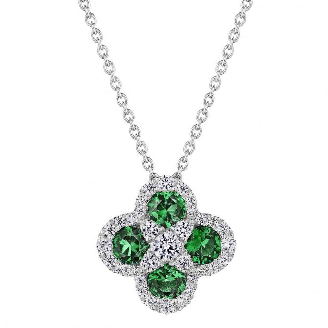 Emerald & Diamond Clover Pendant in White Gold, 18"
