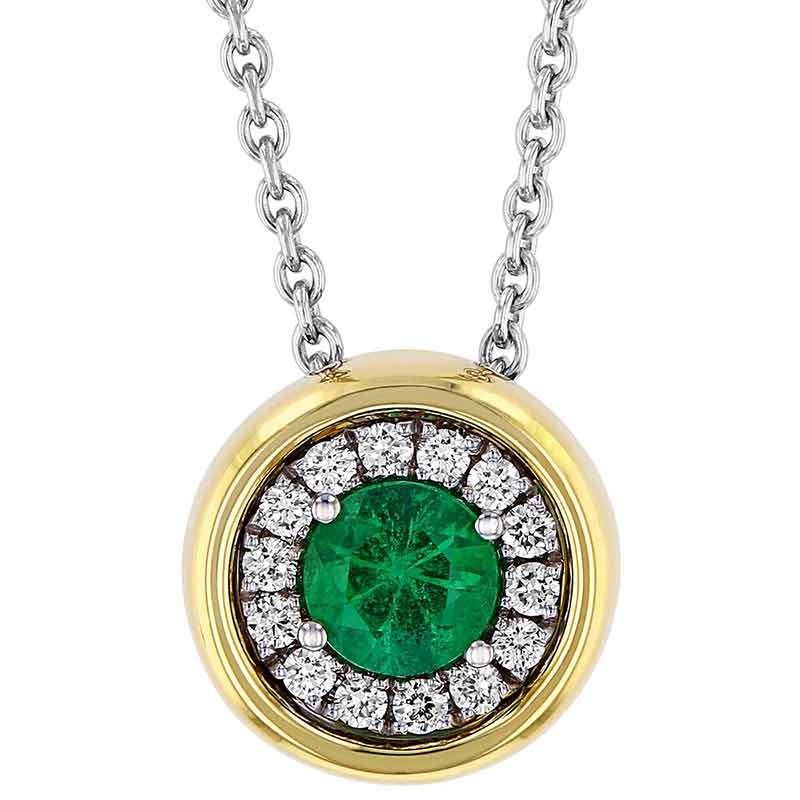 Round Emerald & Diamond Halo Pendant in Two Tone Gold, 18